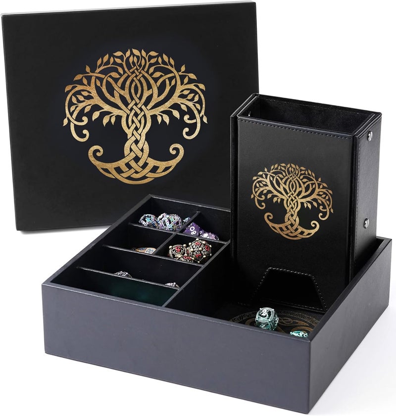 Soar Forge Dice Tray and Dice Tower for DND and RPG - All-in-One Game Roamer Tray & Large Tower for Random Rolls - Stores Your Sets, Mini's and More Compatible with D&D (Gold Tree) - Image 1